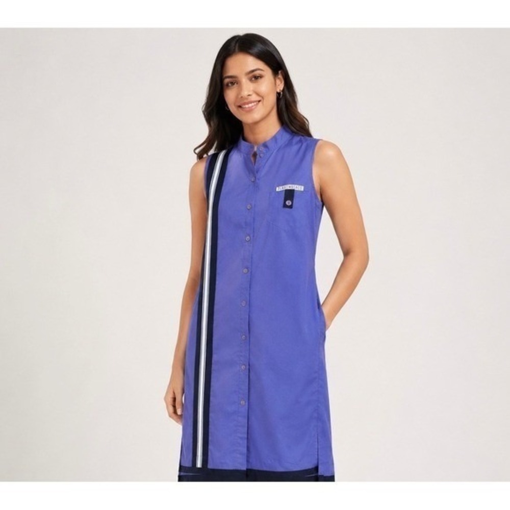 Bikkembergs‎ Shirt Dress Women 40 Blue Sleeveless Racing Stripe Sporty Utility
